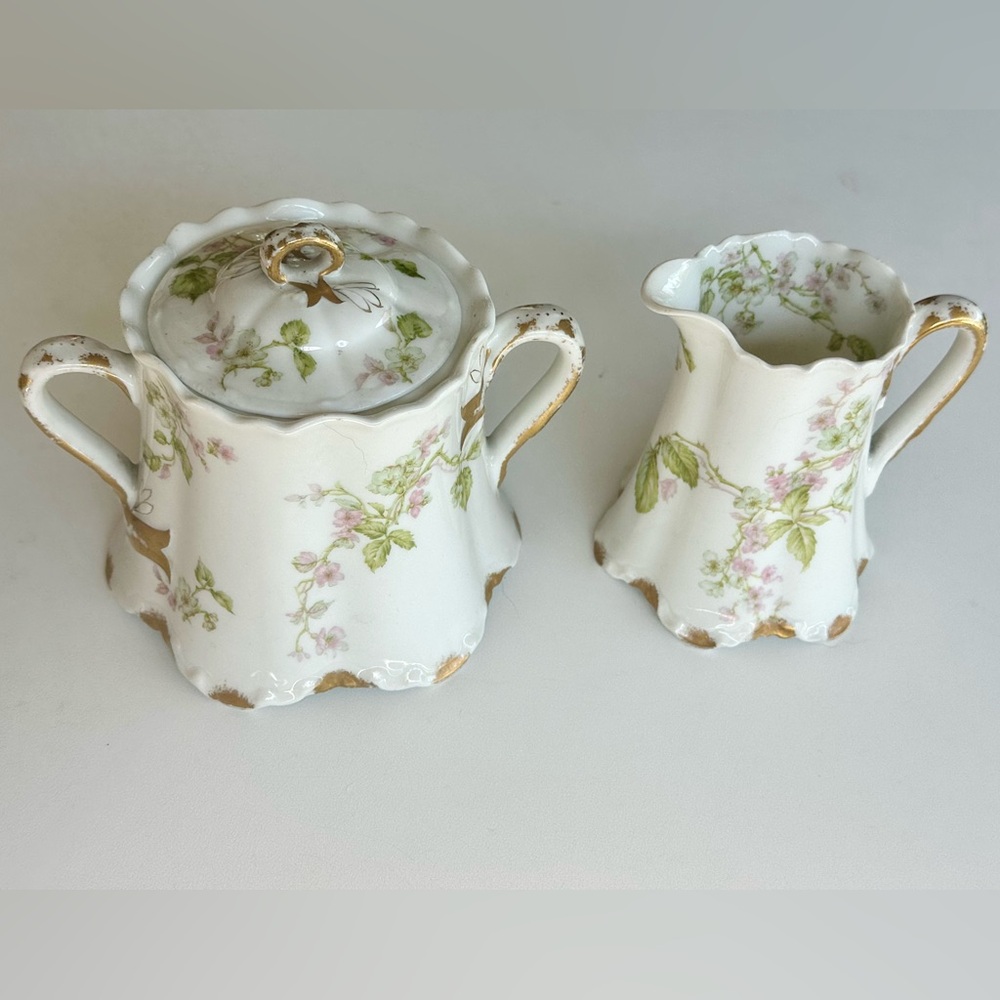 Limoges Haviland Schleiger 62 Floral Big Sugar Bowl Lid & Creamer, Gold Accents
